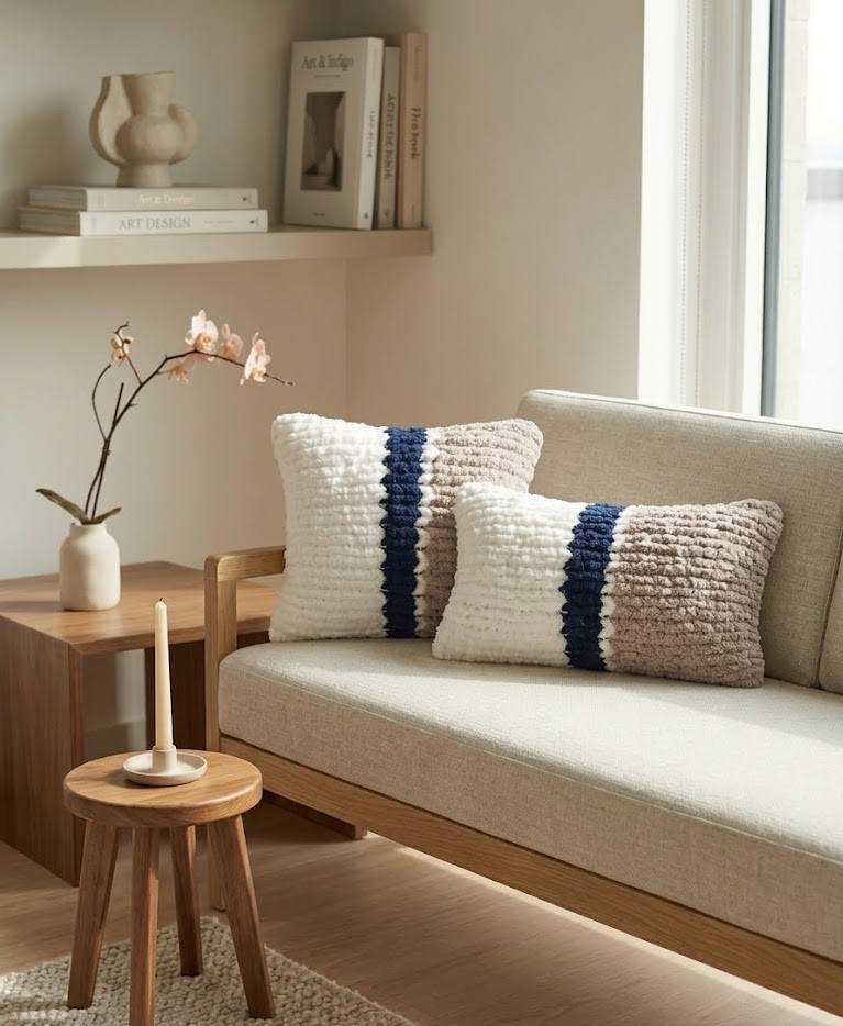 Set Home Decor "Indigo & Sable" – Plaid XXL e 2 Cuscini Chunky Knit – Fatto a Mano	